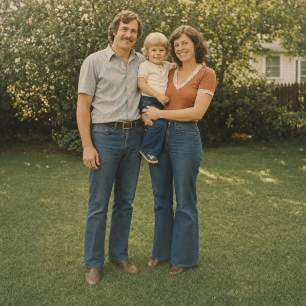 Before: a softly faded family portrait in a backyard with a mild yellow cast