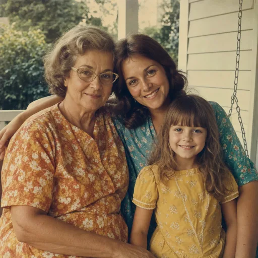 Before: a faded 1970s-style color snapshot of three generations on a porch