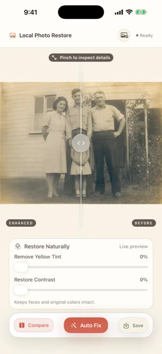 Enhanced and before comparison of a sepia family photo with a Pinch to inspect details hint
