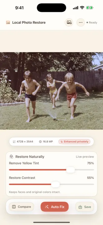 A restored 1970s sprinkler photo with Remove Yellow Tint at 75 percent and Restore Contrast at 55 percent