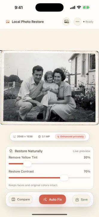 A black-and-white family photo with contrast restored, still in black and white