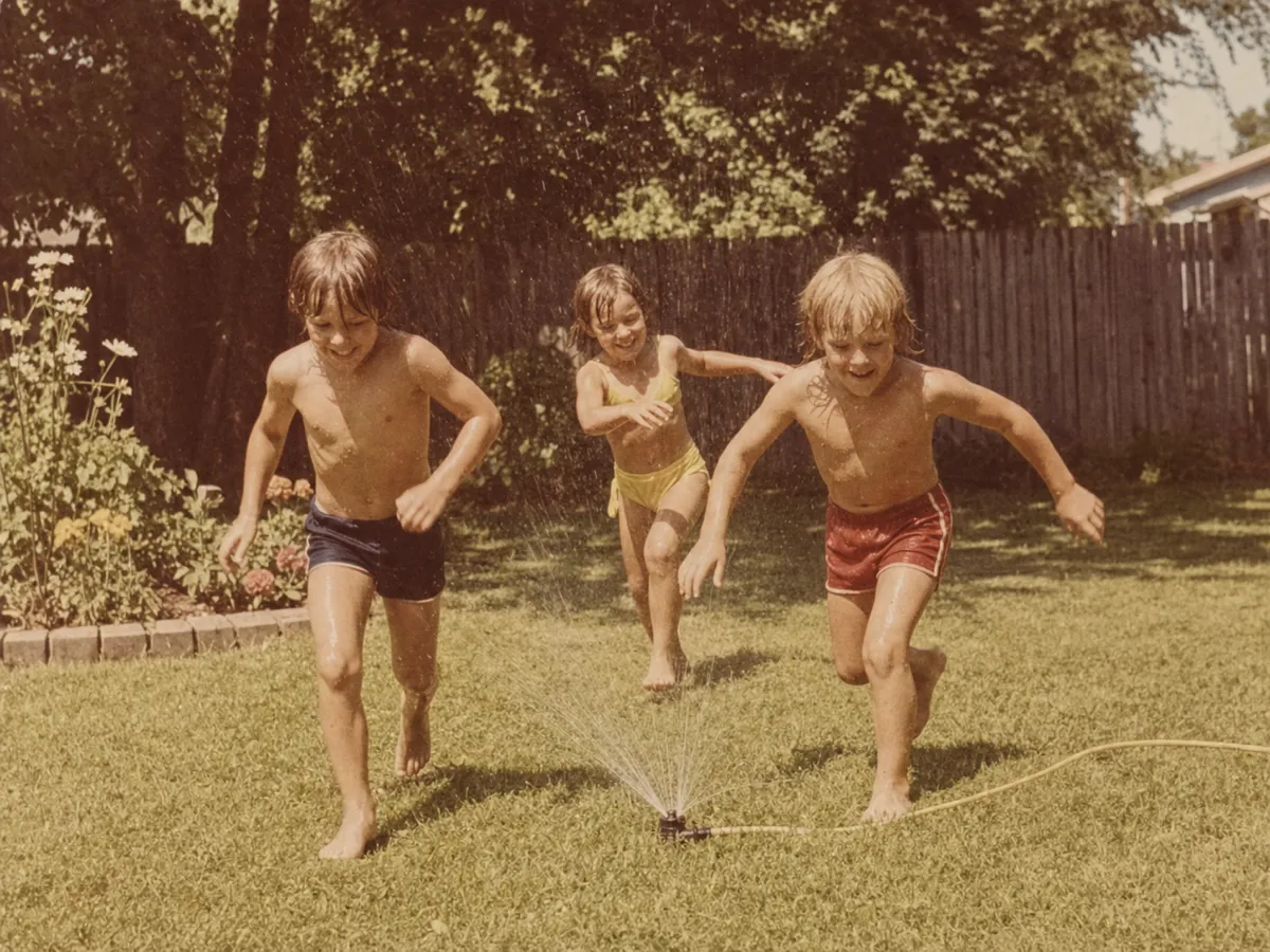 Before: three children running through a lawn sprinkler in a faded warm-toned snapshot